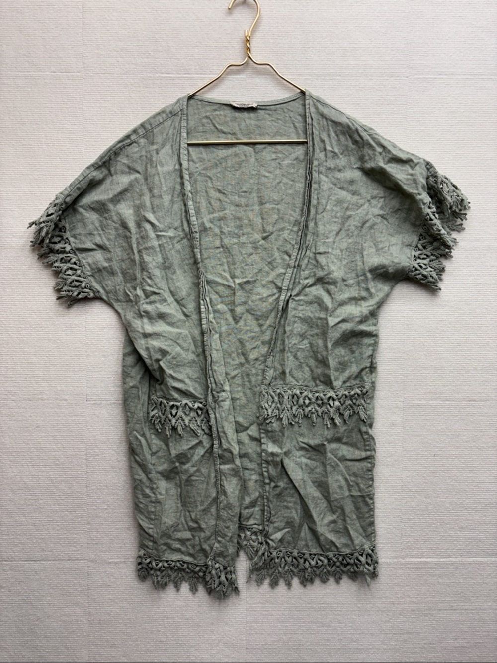 Valentina Naldi | Light Sage Crochet Trim Open Kimono one size linen